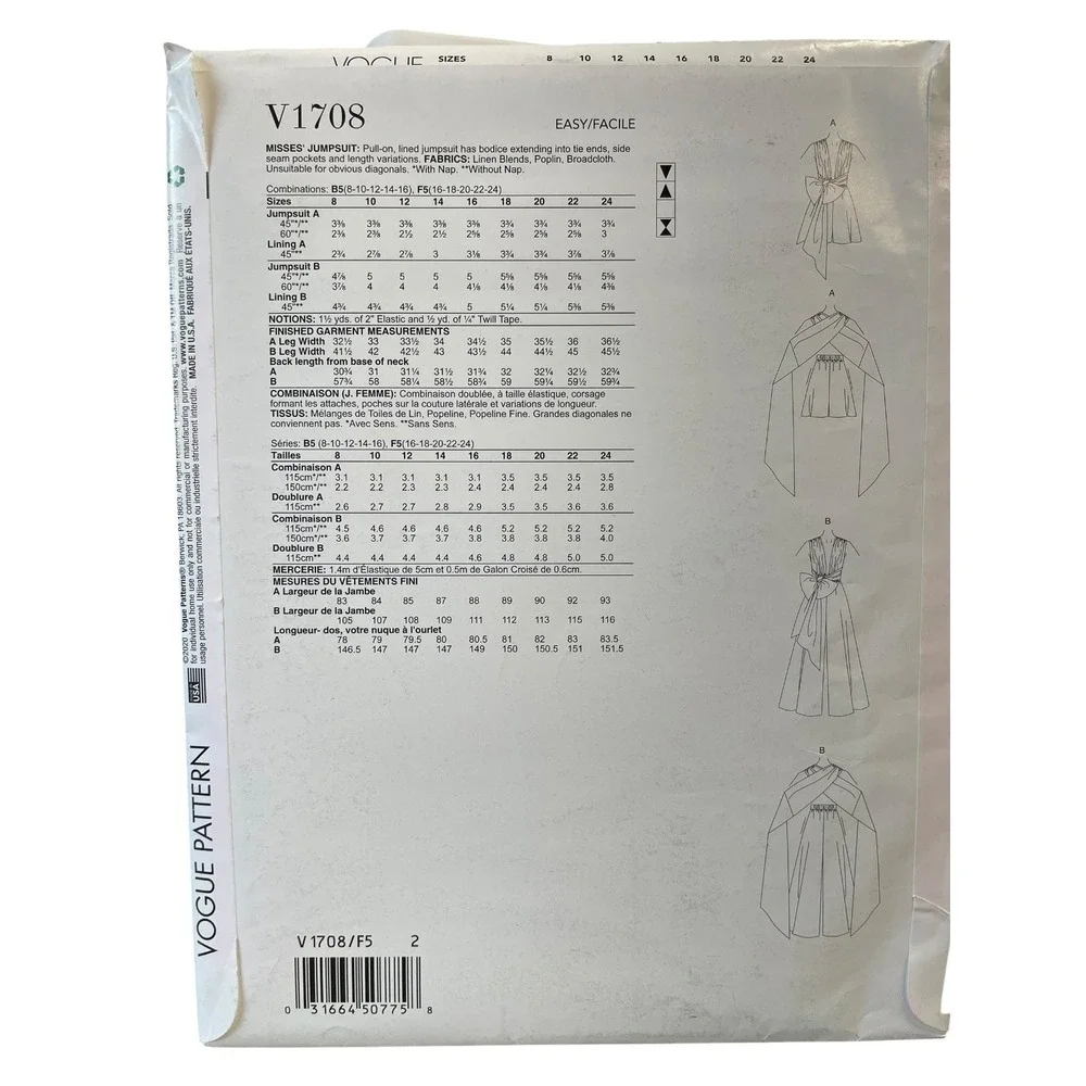 Vogue V1708 Misses' Jumpsuit Size 16-24 Modern Elegant Design
